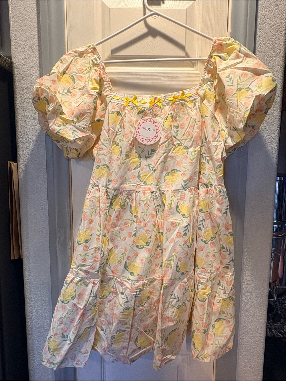 Umgee Cream Floral Puff Sleeve Sundress with Yellow & Pink Blossoms